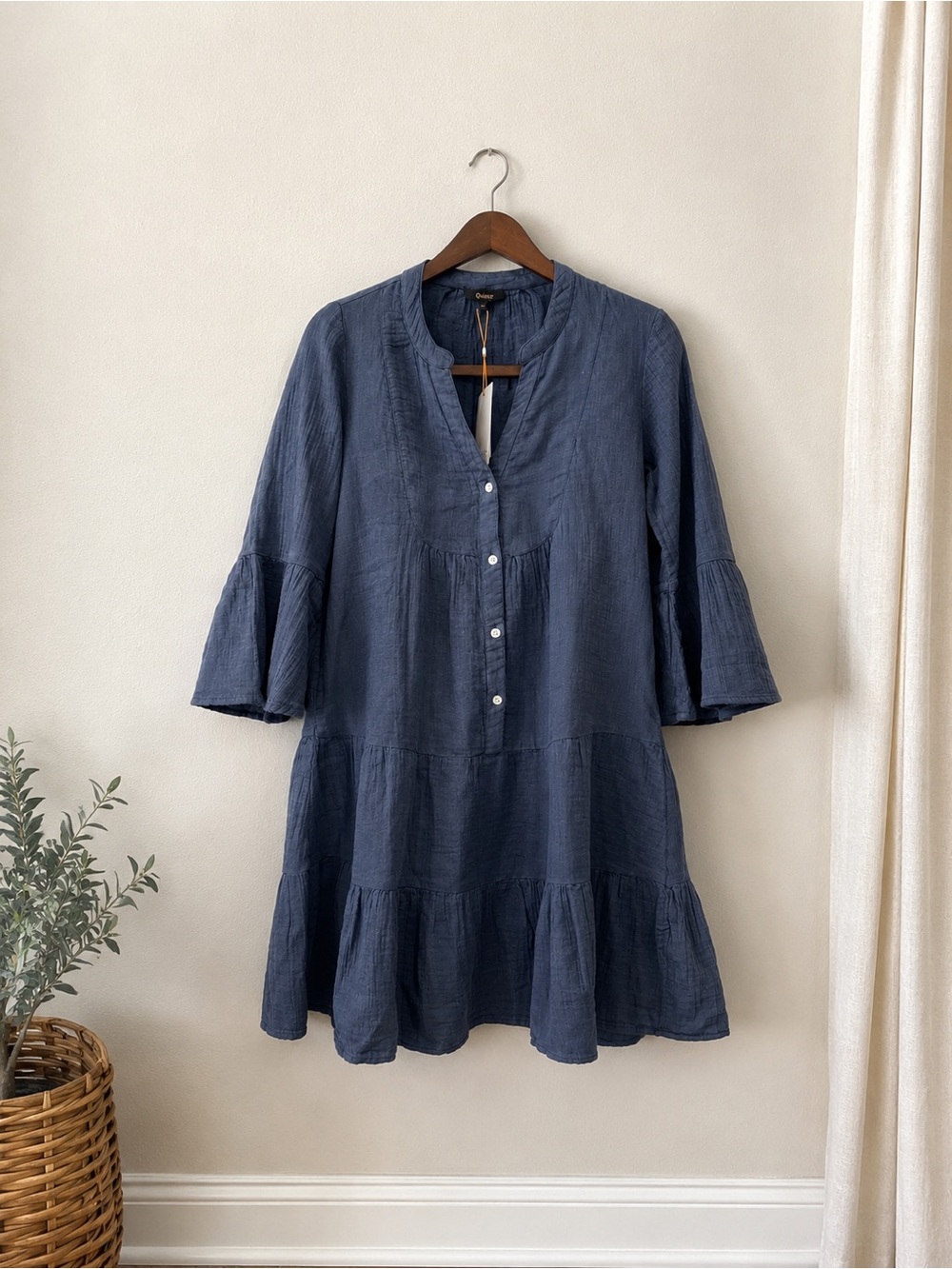 NWT Quince 100% Organic Cotton Gauze Tiered Mini Dress Indigo Blue XS